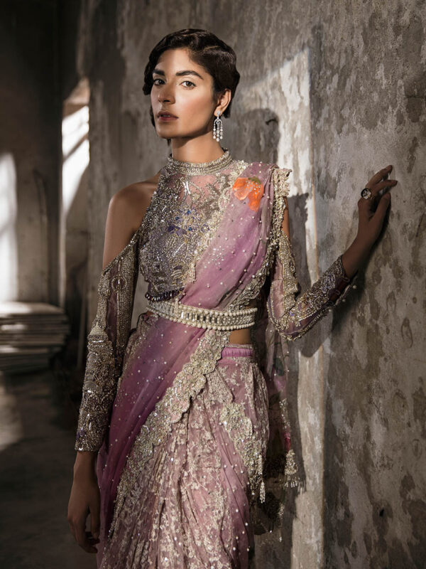 Mauve Embroidered Chantilly & Organza Saree (3-Piece) - Image 1