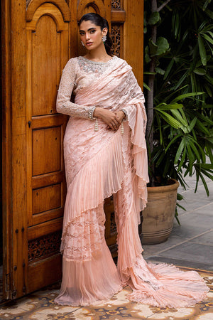 Baby Pink Embroidered Chantilly Lace Saree (2-Piece) - Image 1