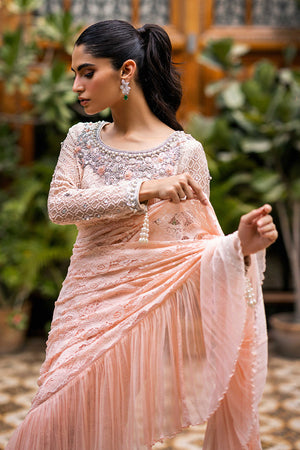 Baby Pink Embroidered Chantilly Lace Saree (2-Piece) - Image 2