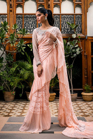 Baby Pink Embroidered Chantilly Lace Saree (2-Piece) - Image 3