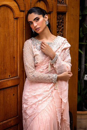 Baby Pink Embroidered Chantilly Lace Saree (2-Piece) - Image 4