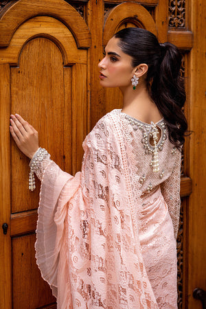 Baby Pink Embroidered Chantilly Lace Saree (2-Piece) - Image 5