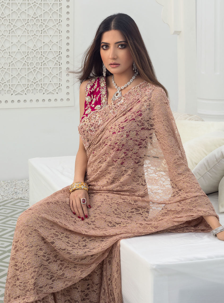 Blush Pink Chantilly Lace Saree with Magenta Blouse (2-Piece) - Image 4