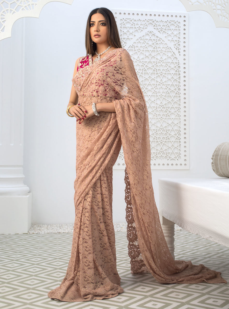 Blush Pink Chantilly Lace Saree with Magenta Blouse (2-Piece) - Image 3