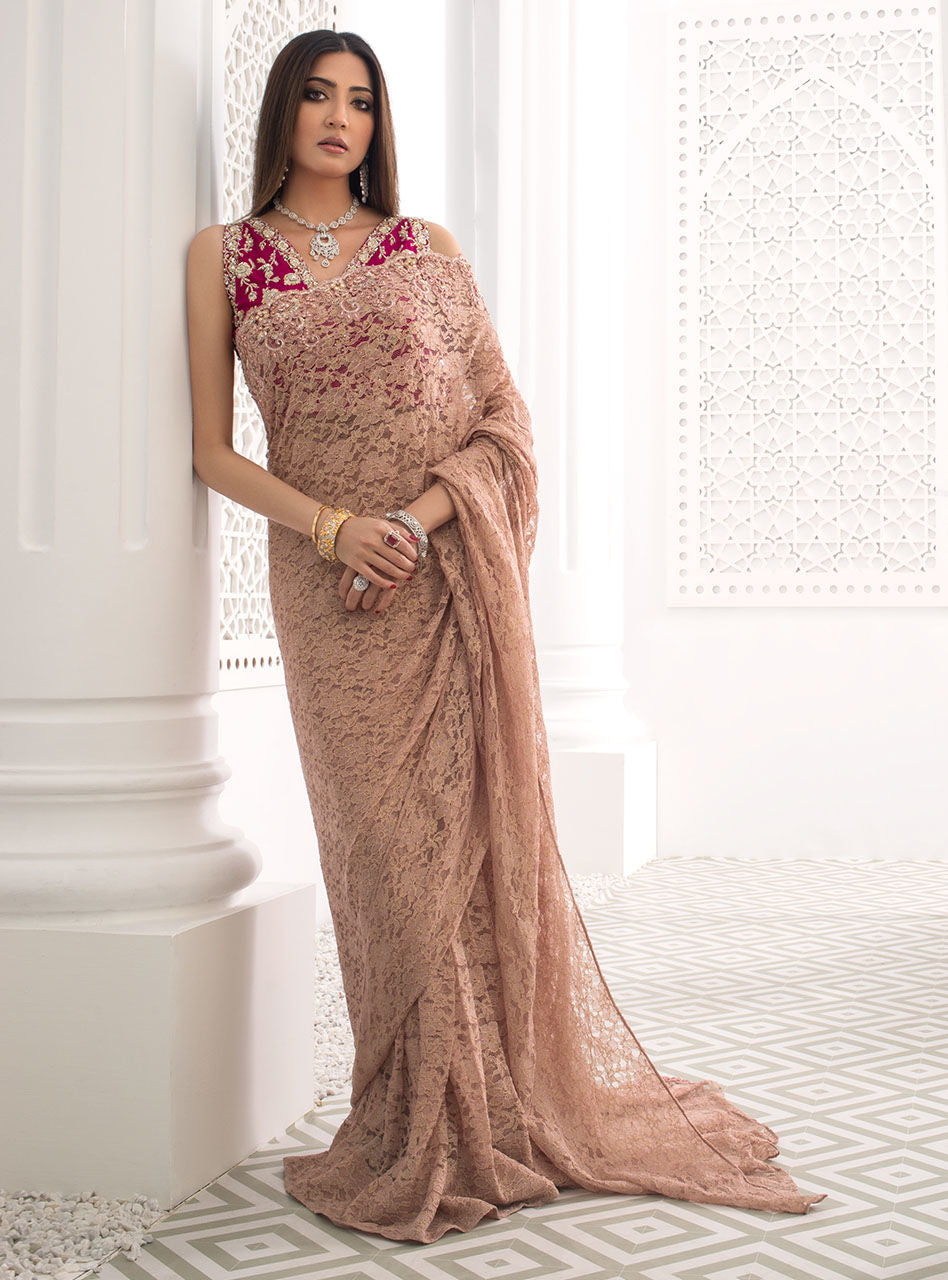 Blush Pink Chantilly Lace Saree with Magenta Blouse (2-Piece) - Image 1