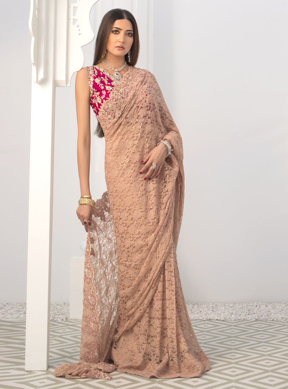 Blush Pink Chantilly Lace Saree with Magenta Blouse (2-Piece) - Image 2