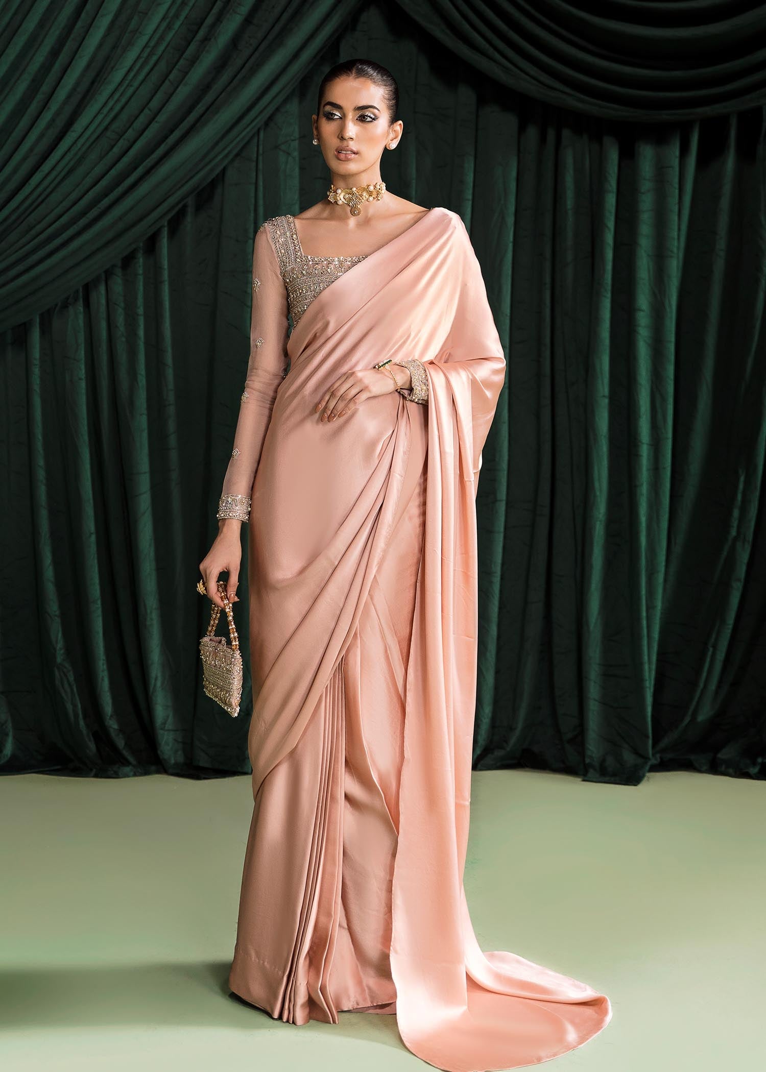 Indian Blush Pink Hand-Embellished Charmeuse Saree (3-Piece) - Image 1