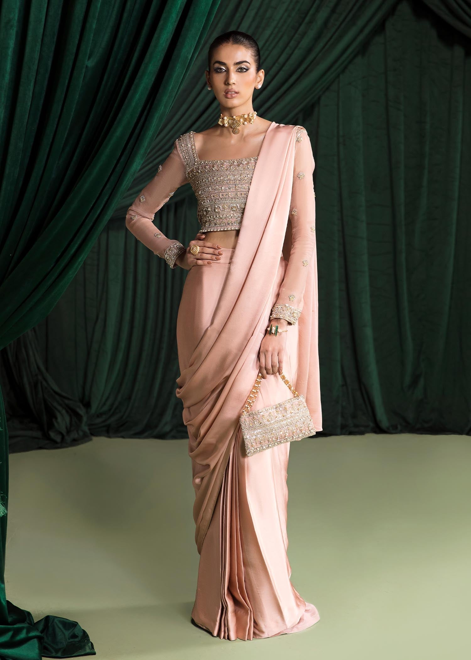 Indian Blush Pink Hand-Embellished Charmeuse Saree (3-Piece) - Image 2