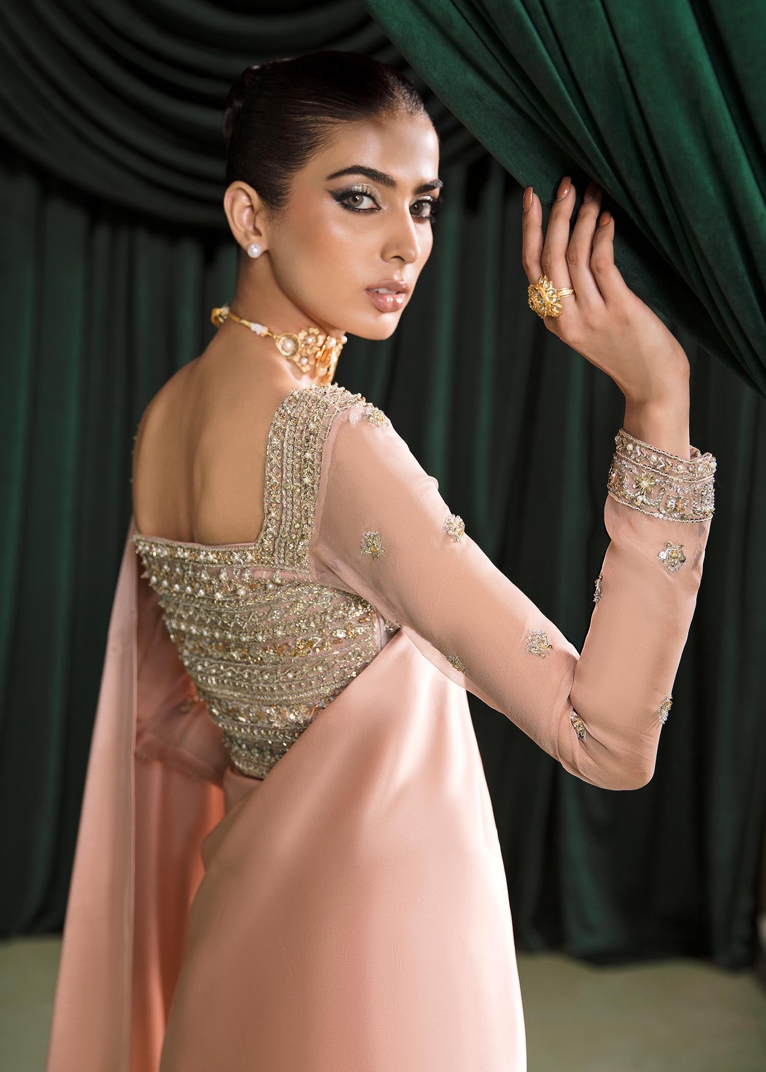 Indian Blush Pink Hand-Embellished Charmeuse Saree (3-Piece) - Image 3