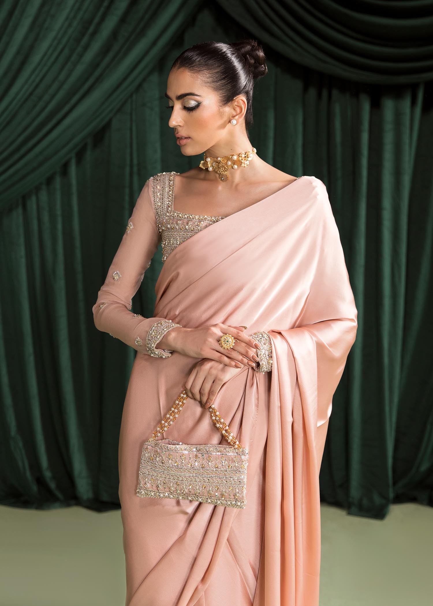 Indian Blush Pink Hand-Embellished Charmeuse Saree (3-Piece) - Image 4