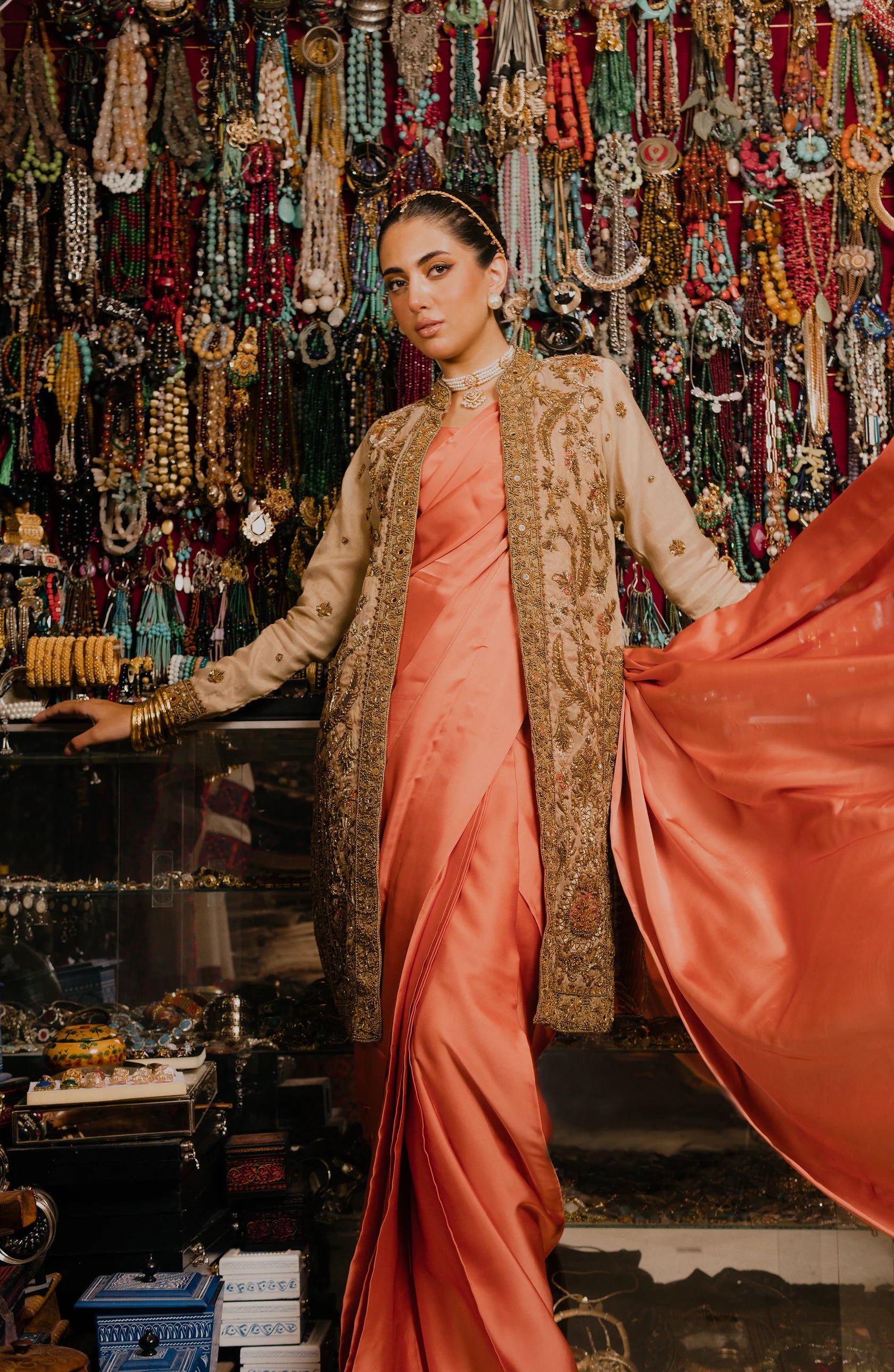 Coral Pink Embroidered Charmeuse Silk Saree (2-Piece) - Image 1