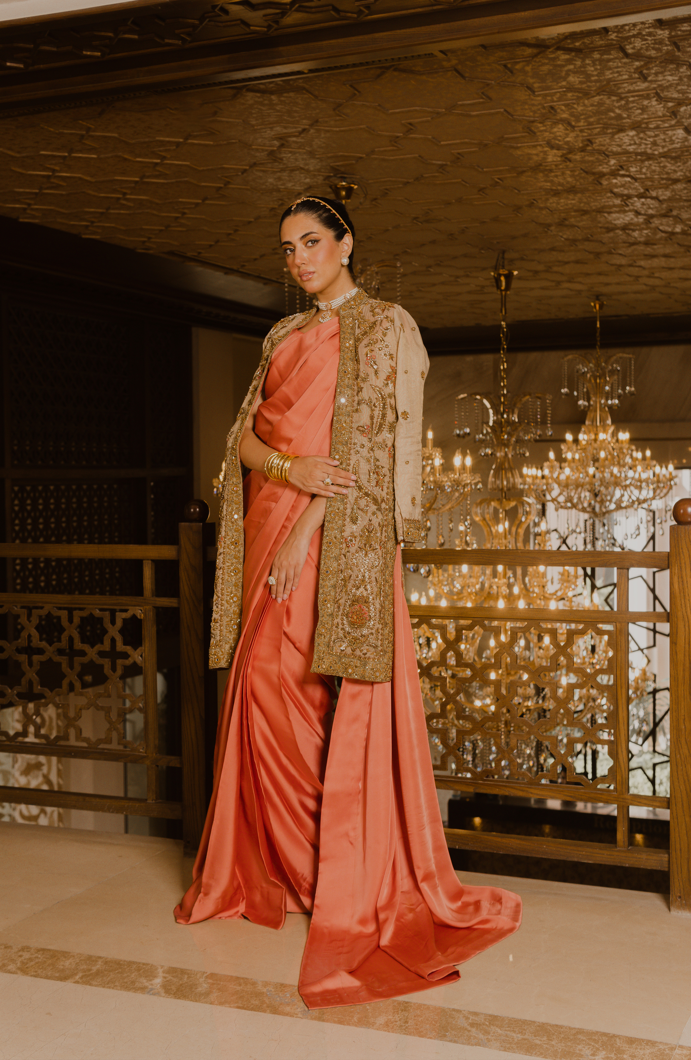 Coral Pink Embroidered Charmeuse Silk Saree (2-Piece) - Image 2