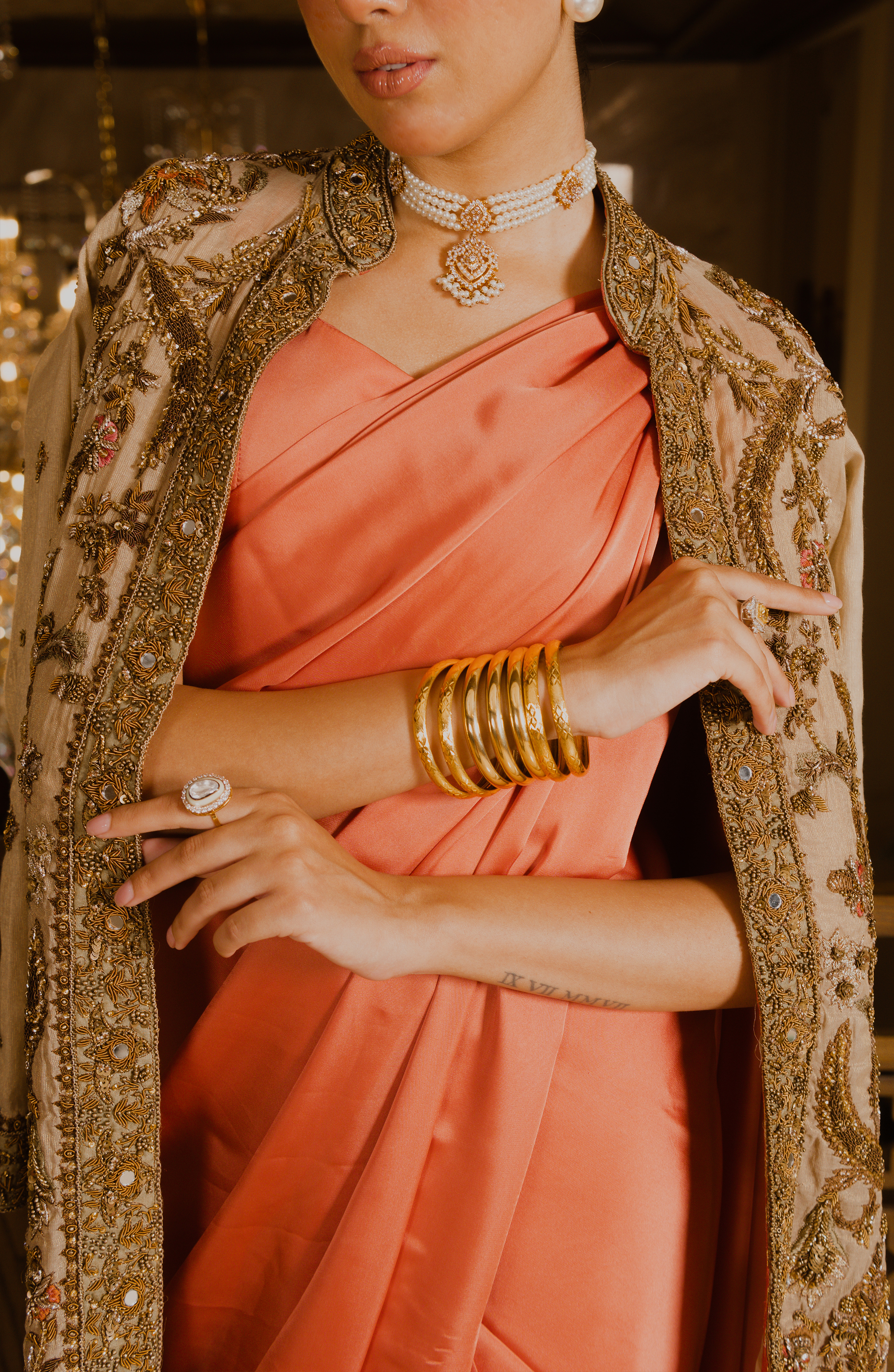 Coral Pink Embroidered Charmeuse Silk Saree (2-Piece) - Image 5