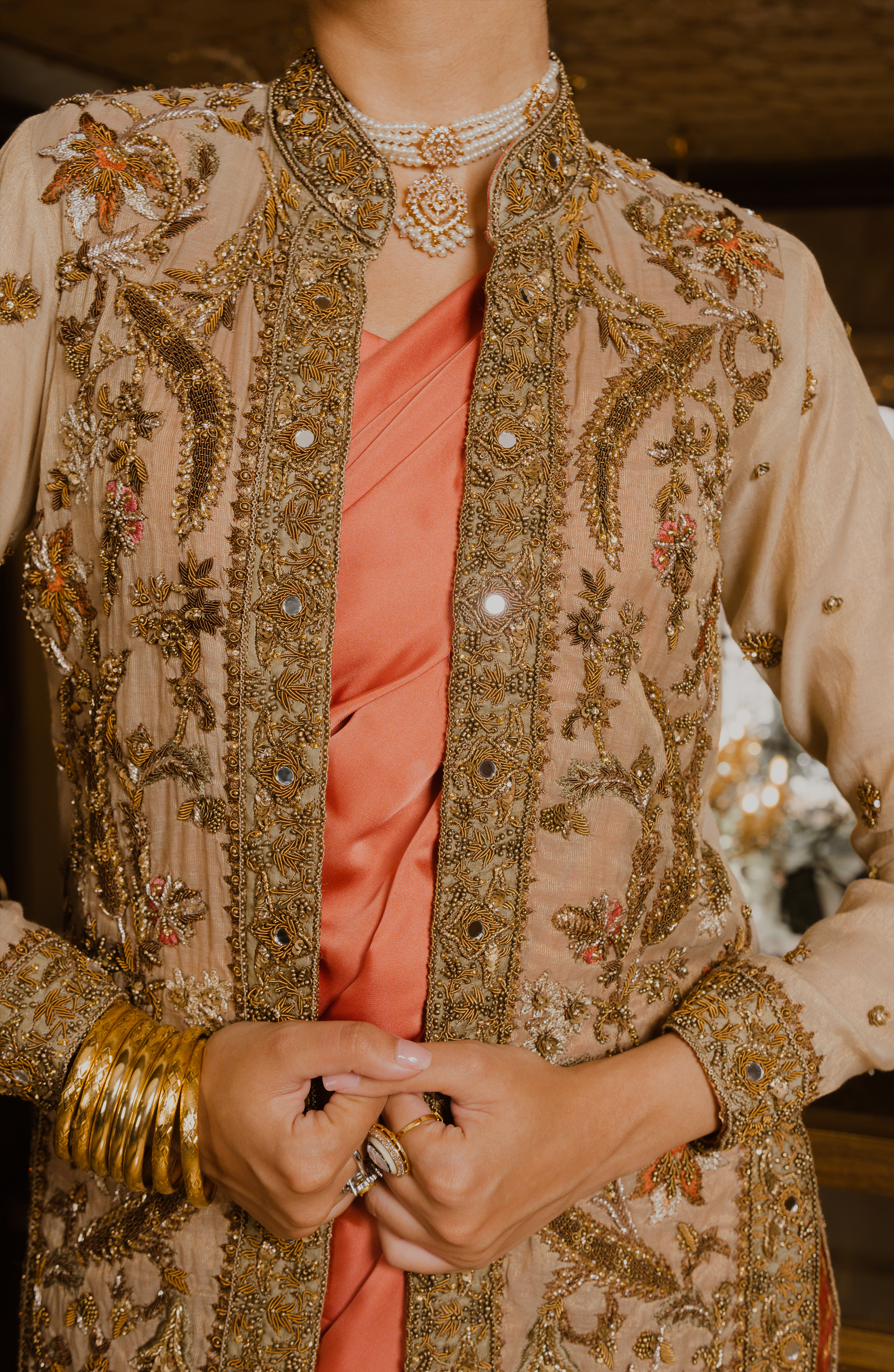 Coral Pink Embroidered Charmeuse Silk Saree (2-Piece) - Image 6