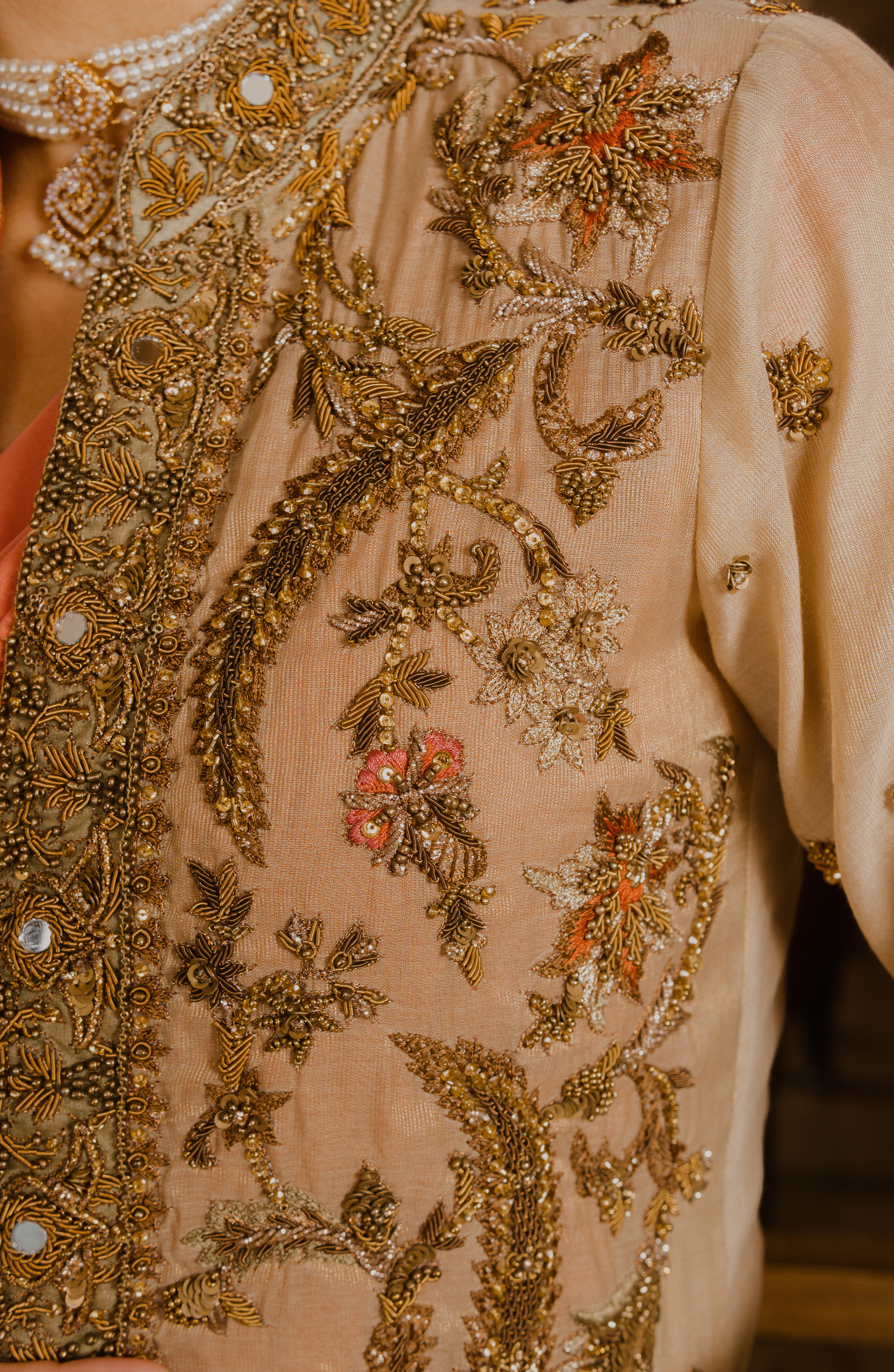 Coral Pink Embroidered Charmeuse Silk Saree (2-Piece) - Image 7