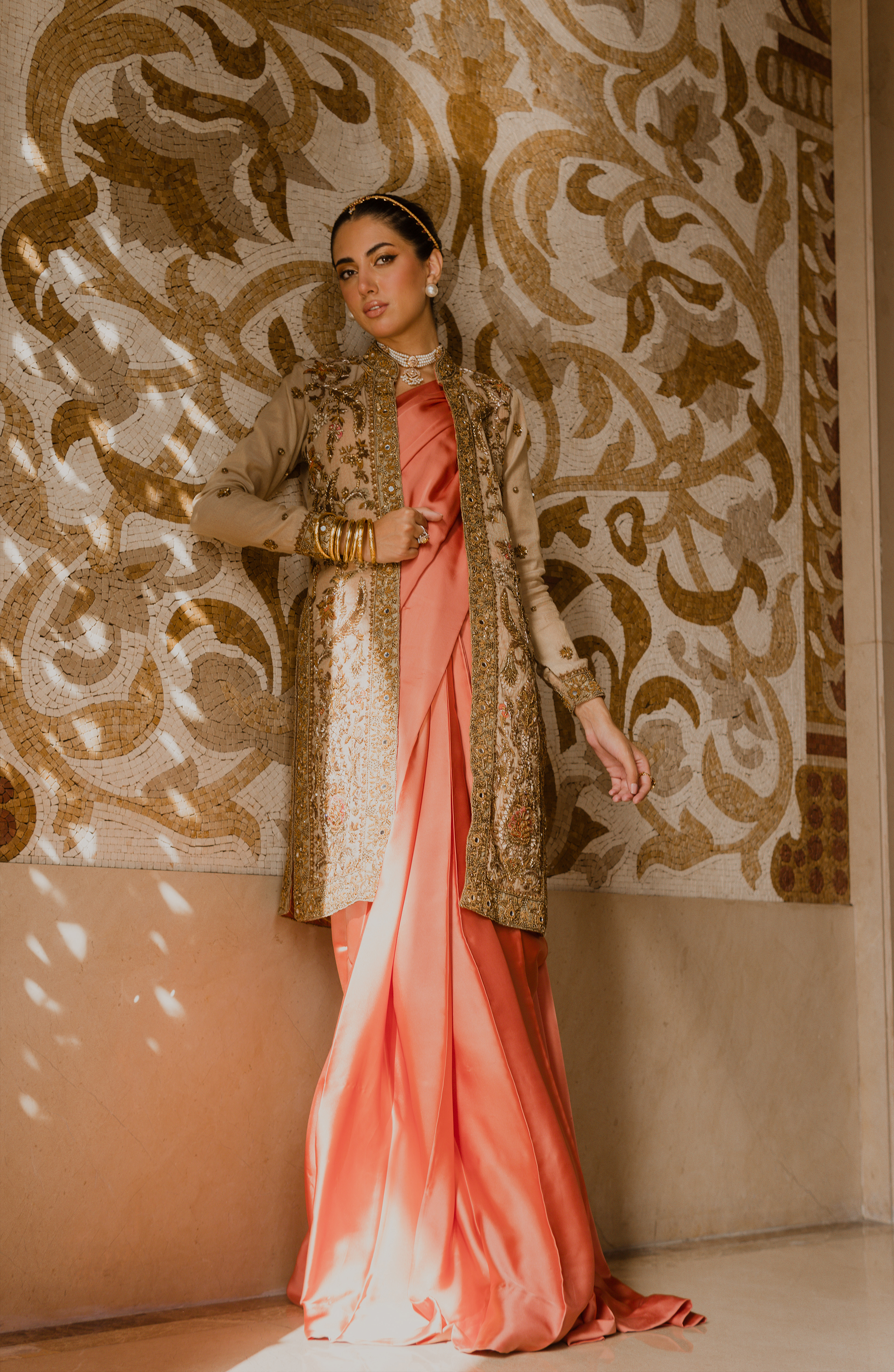 Coral Pink Embroidered Charmeuse Silk Saree (2-Piece) - Image 9