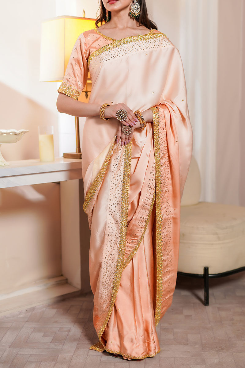 Pakistani Peach Ombre Hand-Embellished Pure Charmeuse Saree (2-Piece) - Image 1