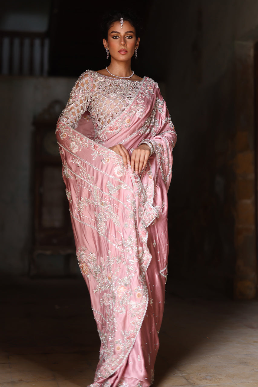 Pakistani Blush Pink Zardozi Charmeuse Silk Saree (2-Piece) - Image 1