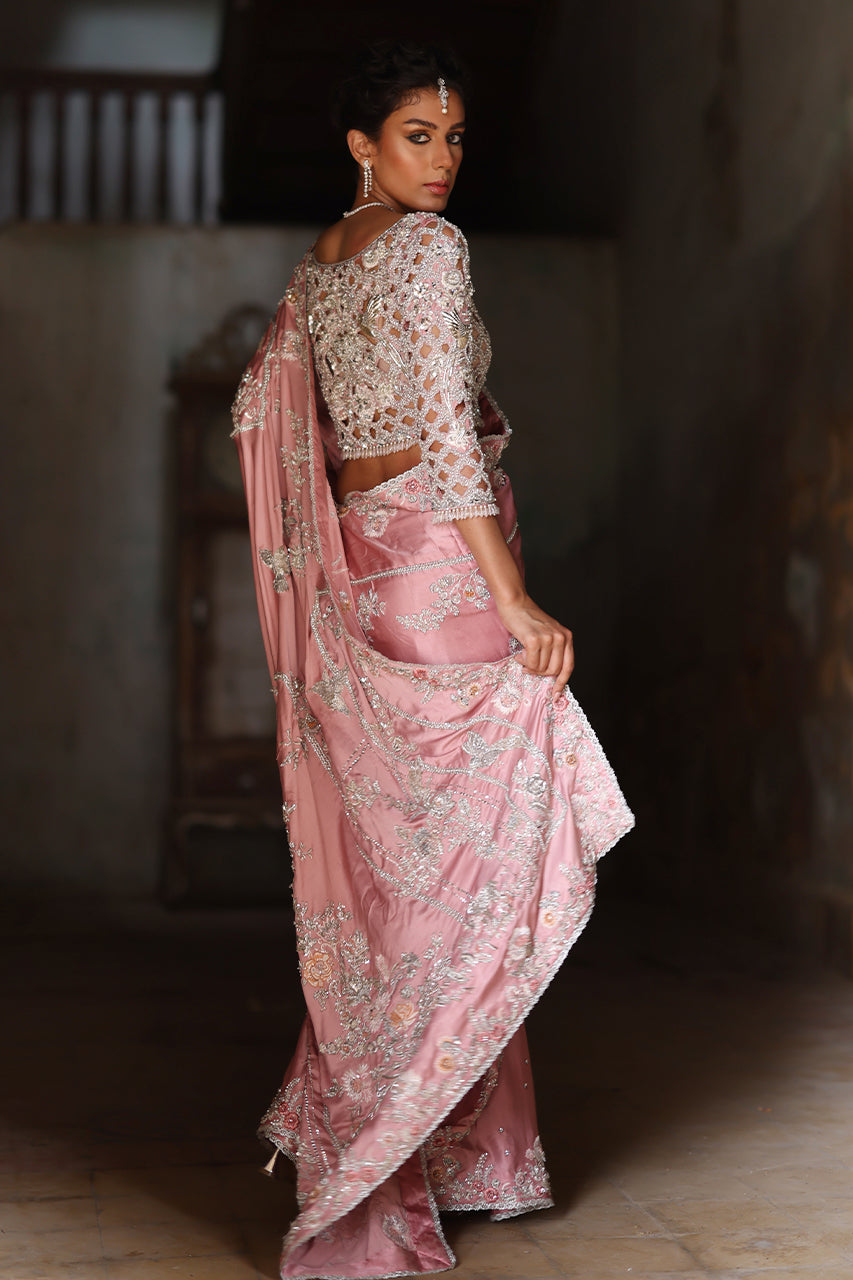 Pakistani Blush Pink Zardozi Charmeuse Silk Saree (2-Piece) - Image 2