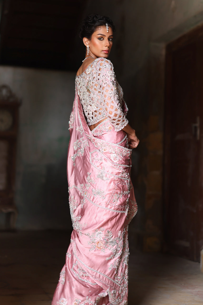 Pakistani Blush Pink Zardozi Charmeuse Silk Saree (2-Piece) - Image 4