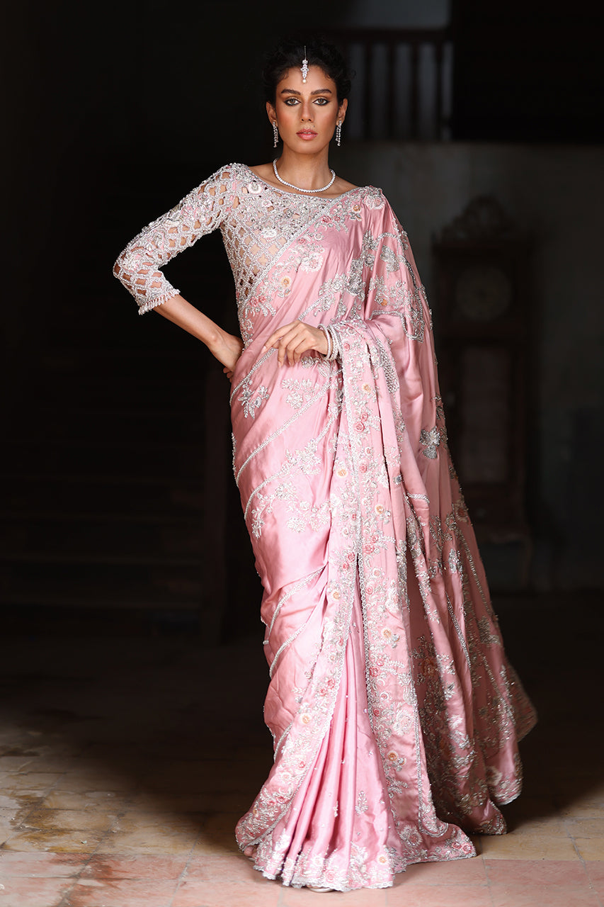 Pakistani Blush Pink Zardozi Charmeuse Silk Saree (2-Piece) - Image 5