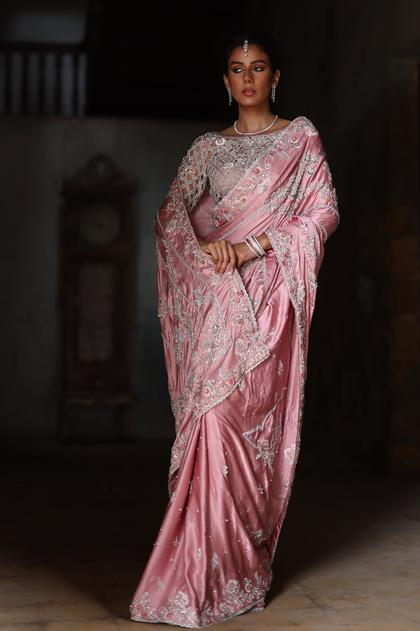 Pakistani Blush Pink Zardozi Charmeuse Silk Saree (2-Piece) - Image 6