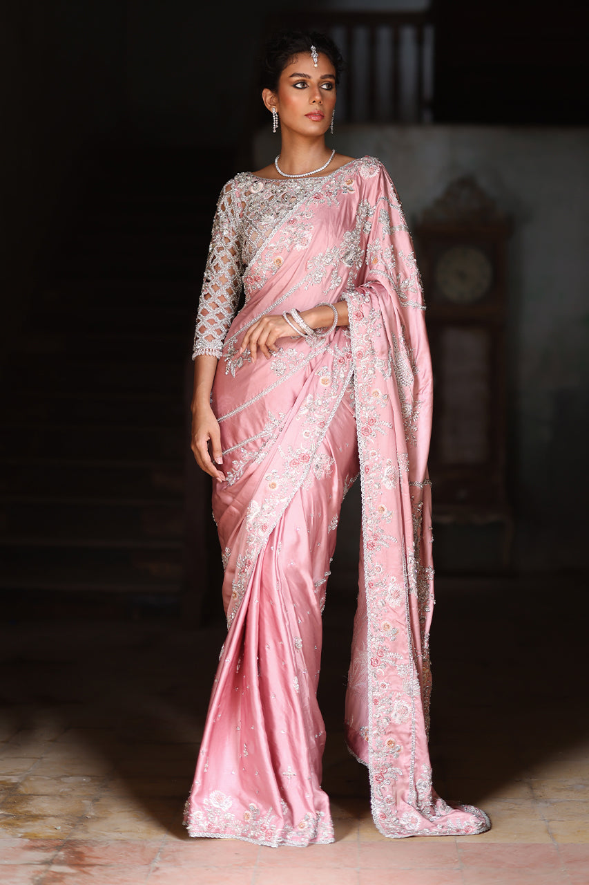 Pakistani Blush Pink Zardozi Charmeuse Silk Saree (2-Piece) - Image 7