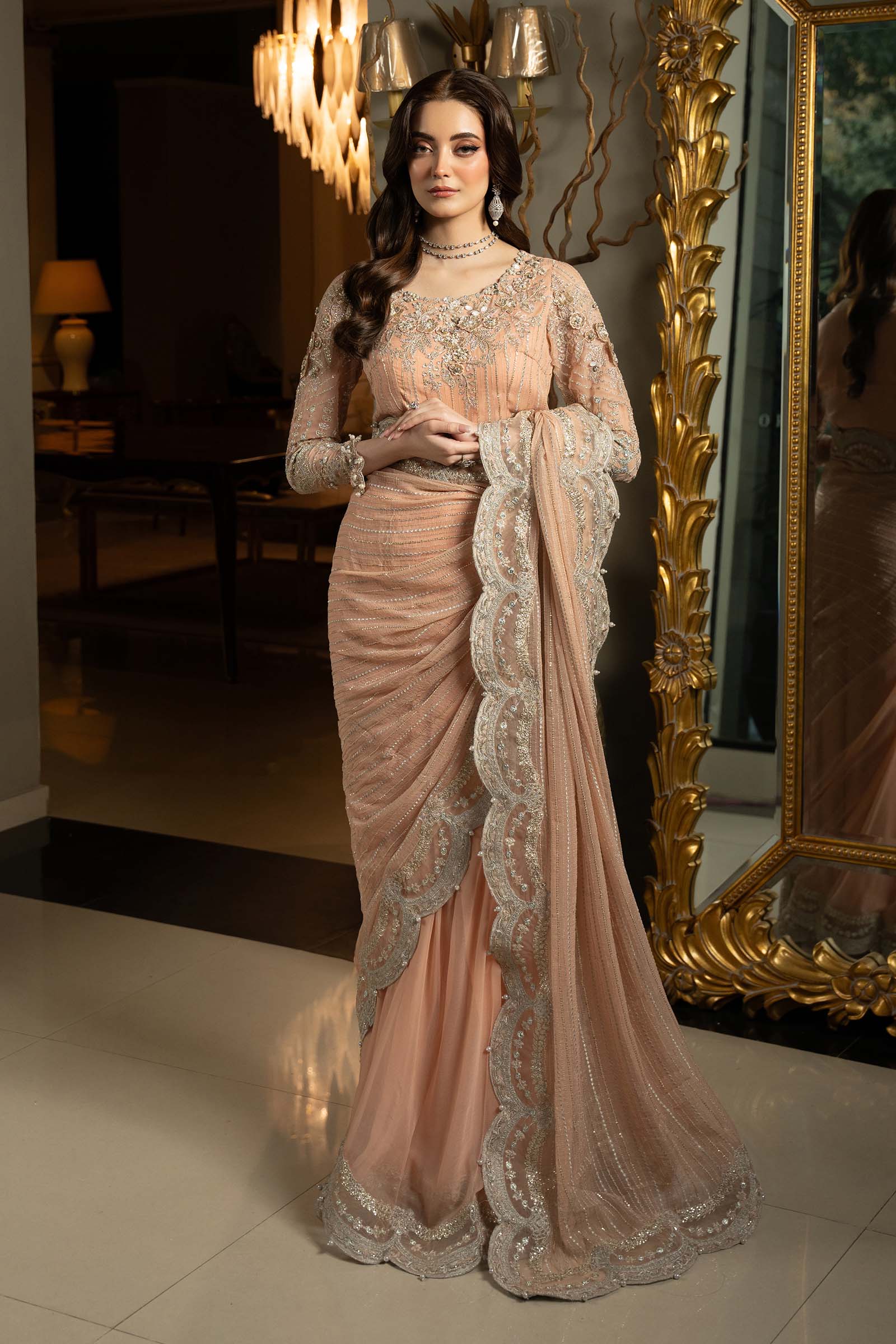 Peach Embroidered Chiffon Saree (3-Piece) - Image 1