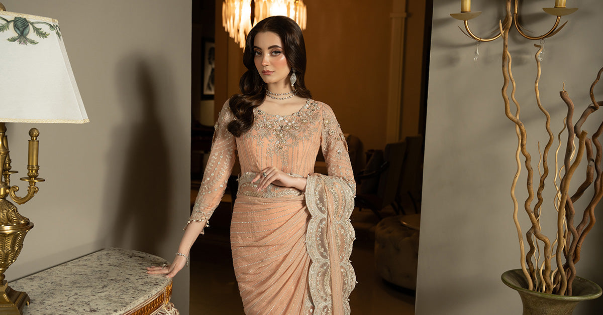 Peach Embroidered Chiffon Saree (3-Piece) - Image 12