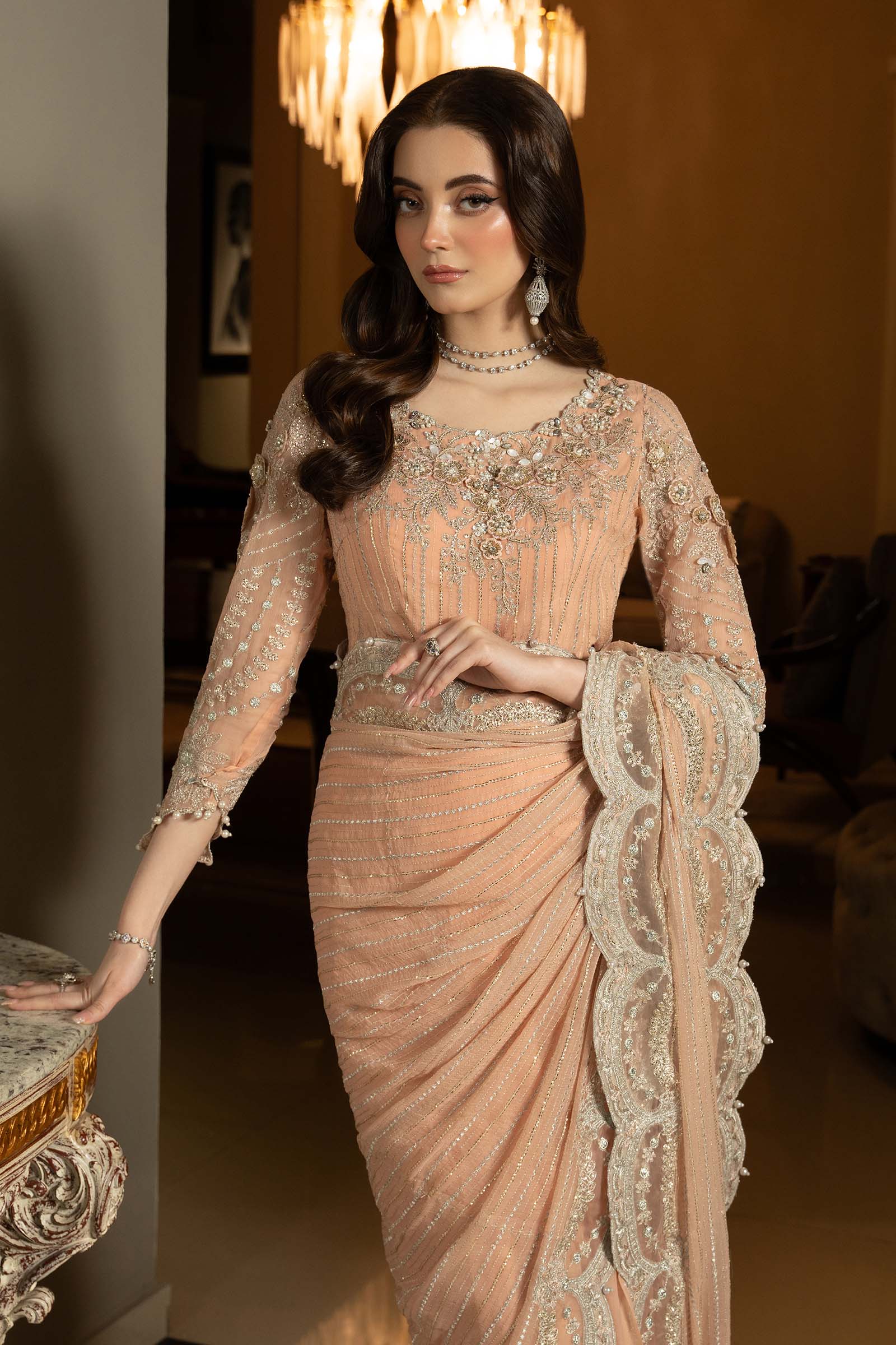 Peach Embroidered Chiffon Saree (3-Piece) - Image 3