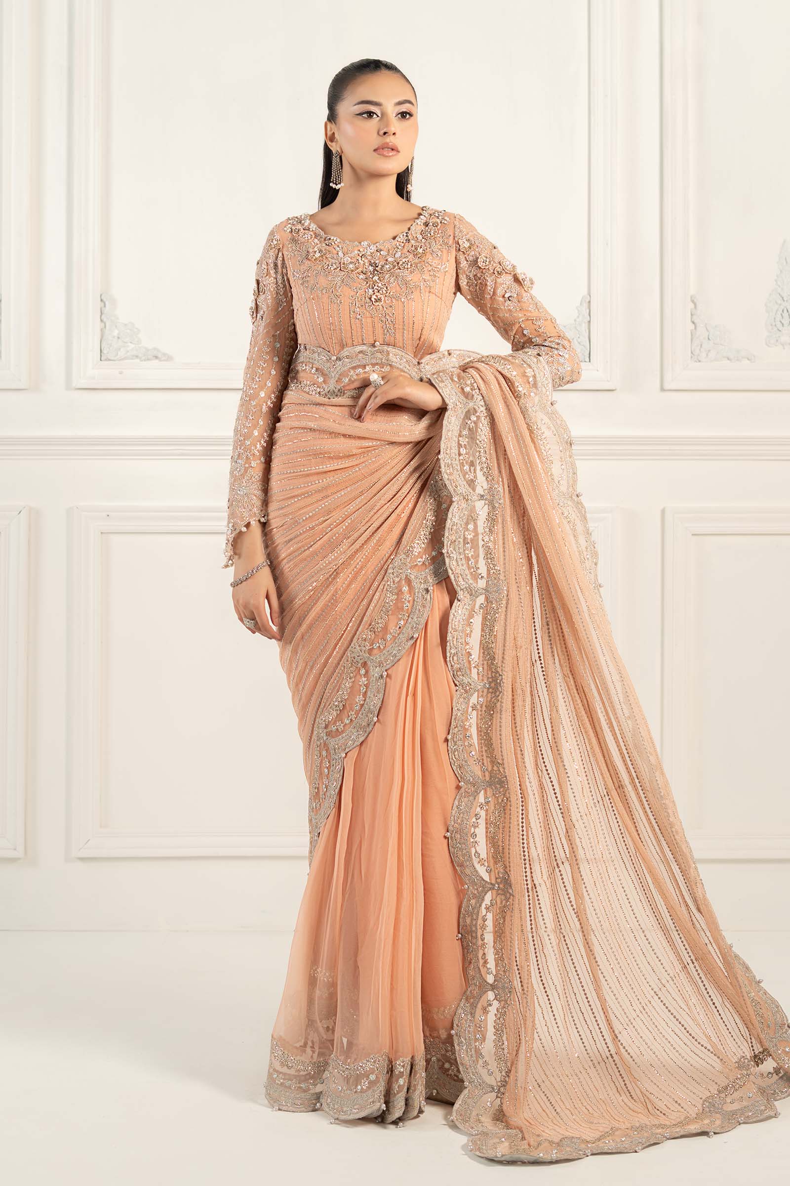 Peach Embroidered Chiffon Saree (3-Piece) - Image 6