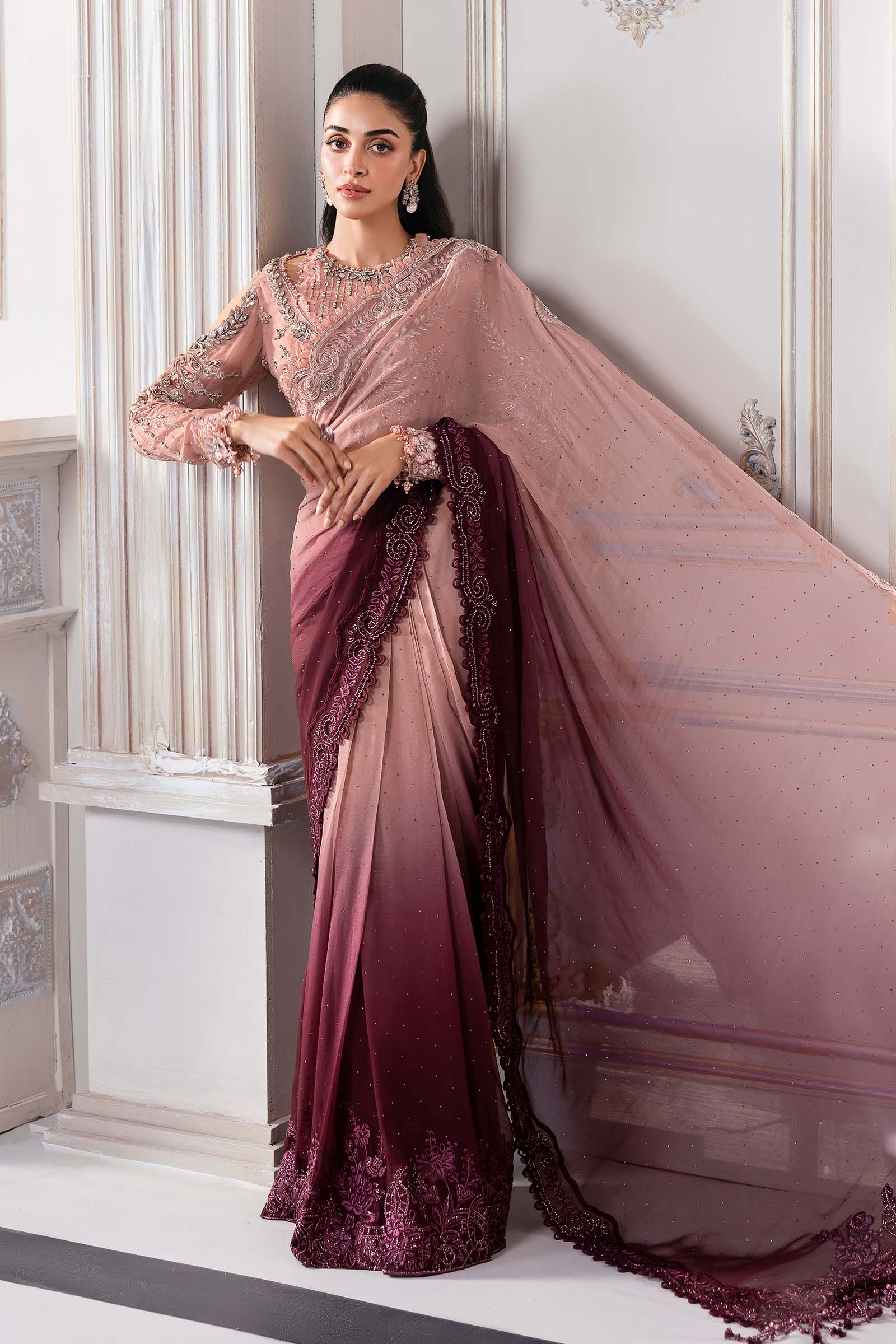 Pakistani Ash Pink Ombre Chiffon Saree with Embellished Blouse (3-Piece) - Image 1