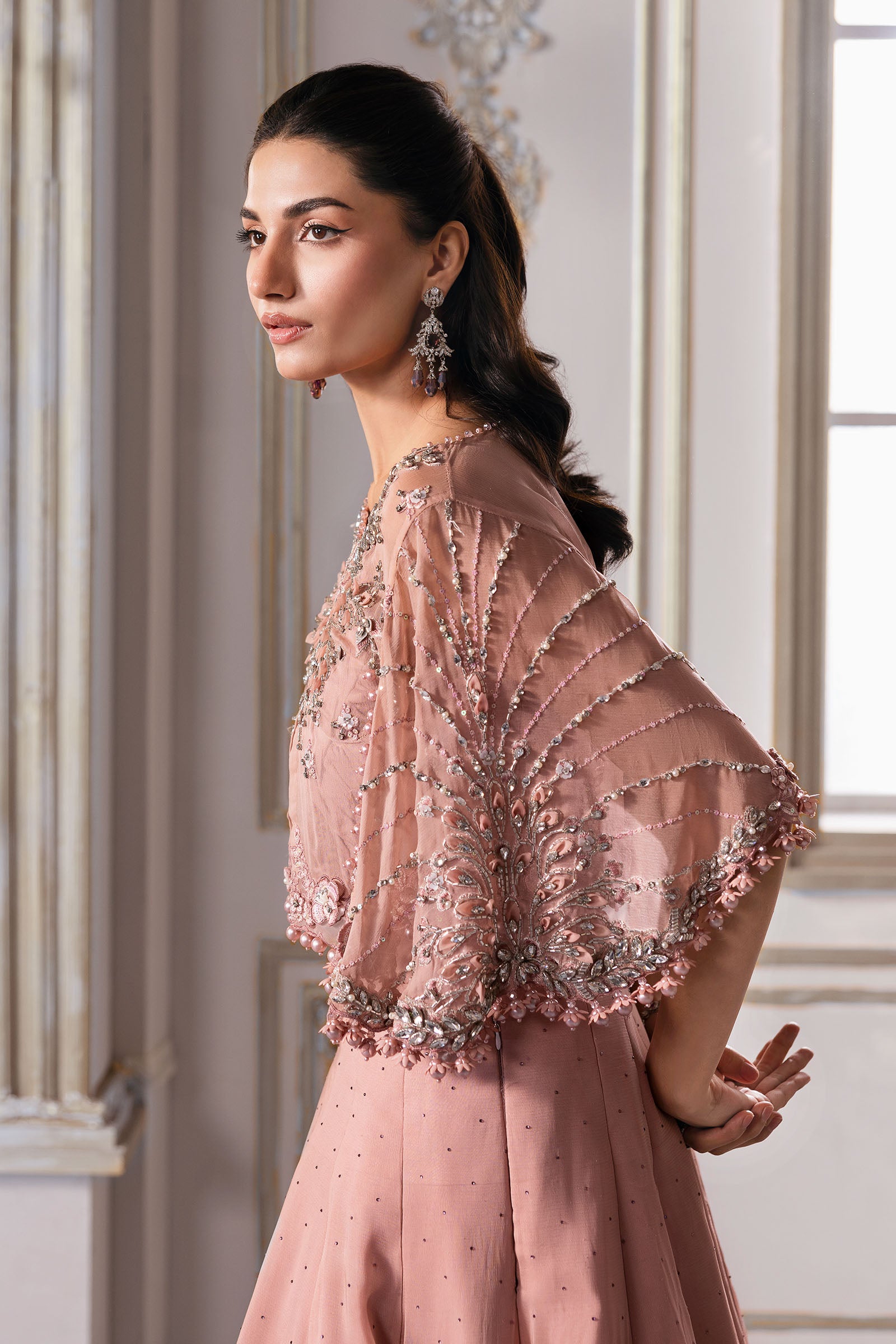 Pakistani Ash Pink Ombre Chiffon Saree with Embellished Blouse (3-Piece) - Image 11