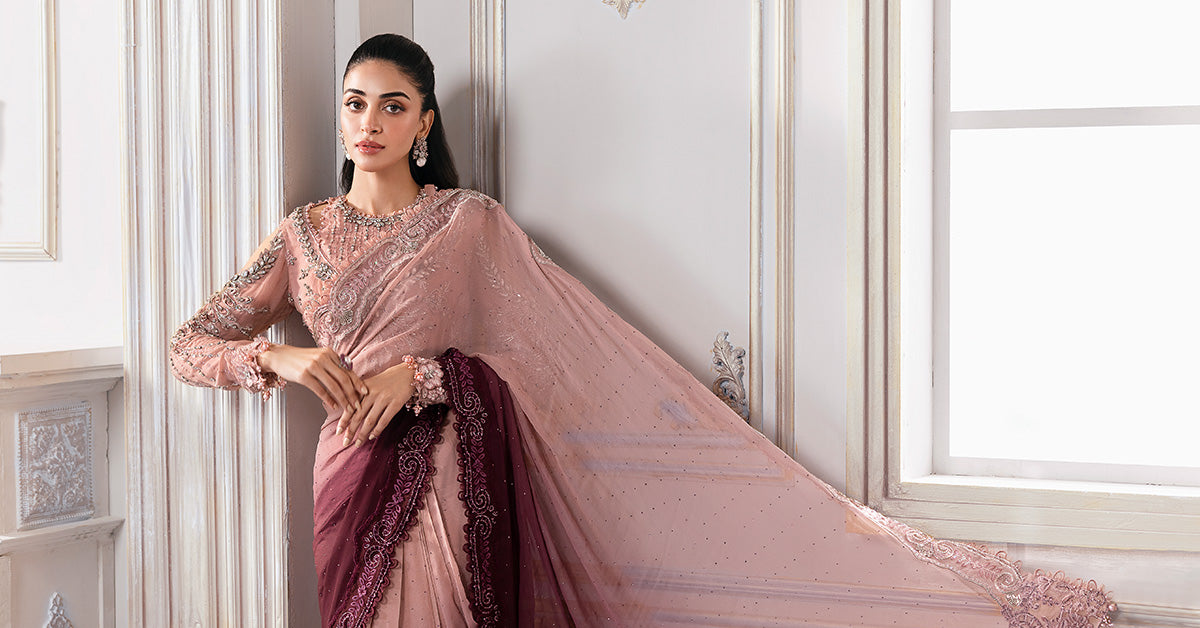 Pakistani Ash Pink Ombre Chiffon Saree with Embellished Blouse (3-Piece) - Image 12