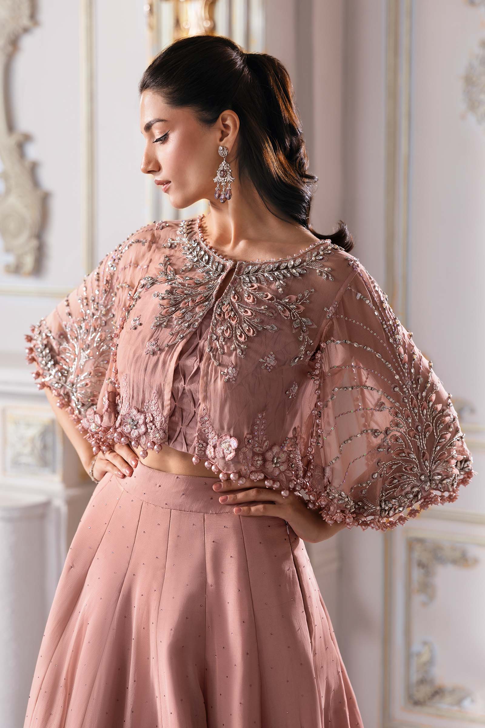 Pakistani Ash Pink Ombre Chiffon Saree with Embellished Blouse (3-Piece) - Image 14