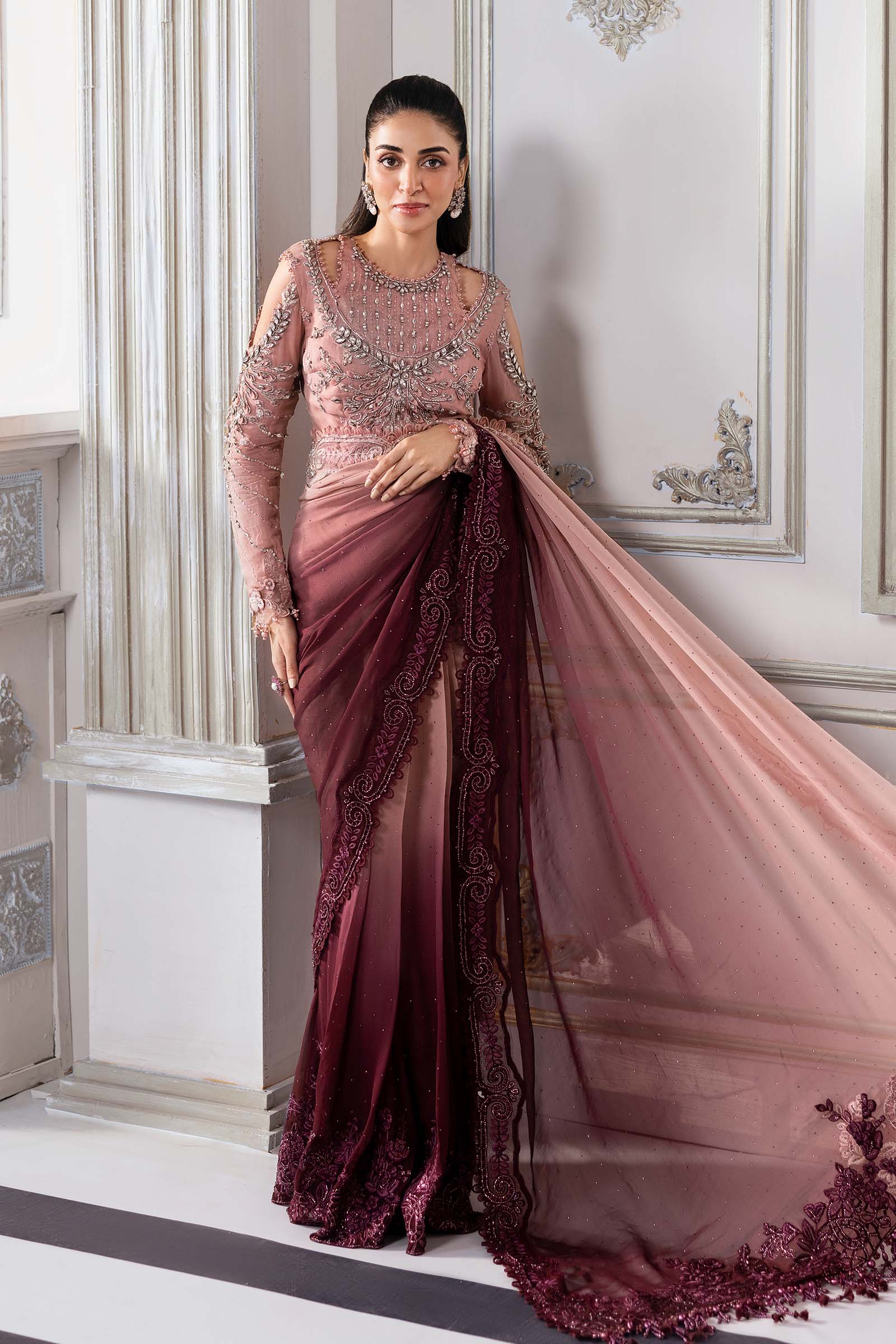Pakistani Ash Pink Ombre Chiffon Saree with Embellished Blouse (3-Piece) - Image 6