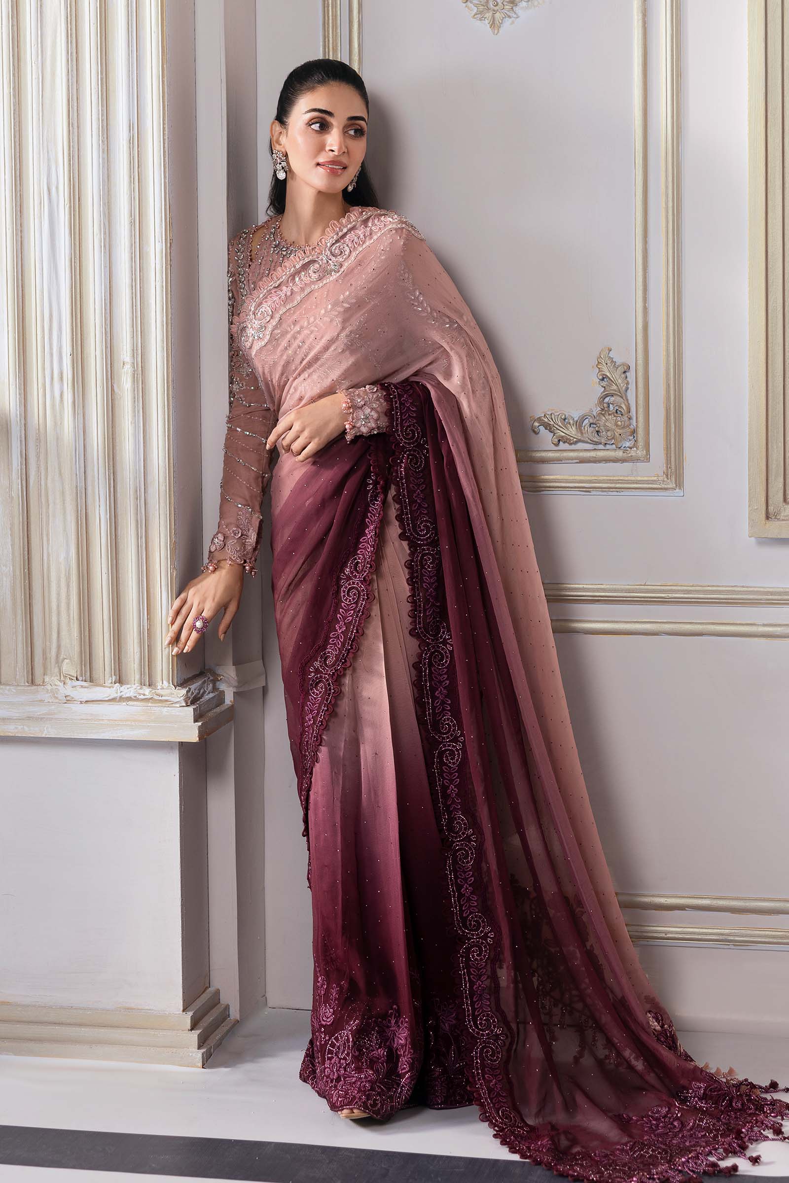 Pakistani Ash Pink Ombre Chiffon Saree with Embellished Blouse (3-Piece) - Image 7
