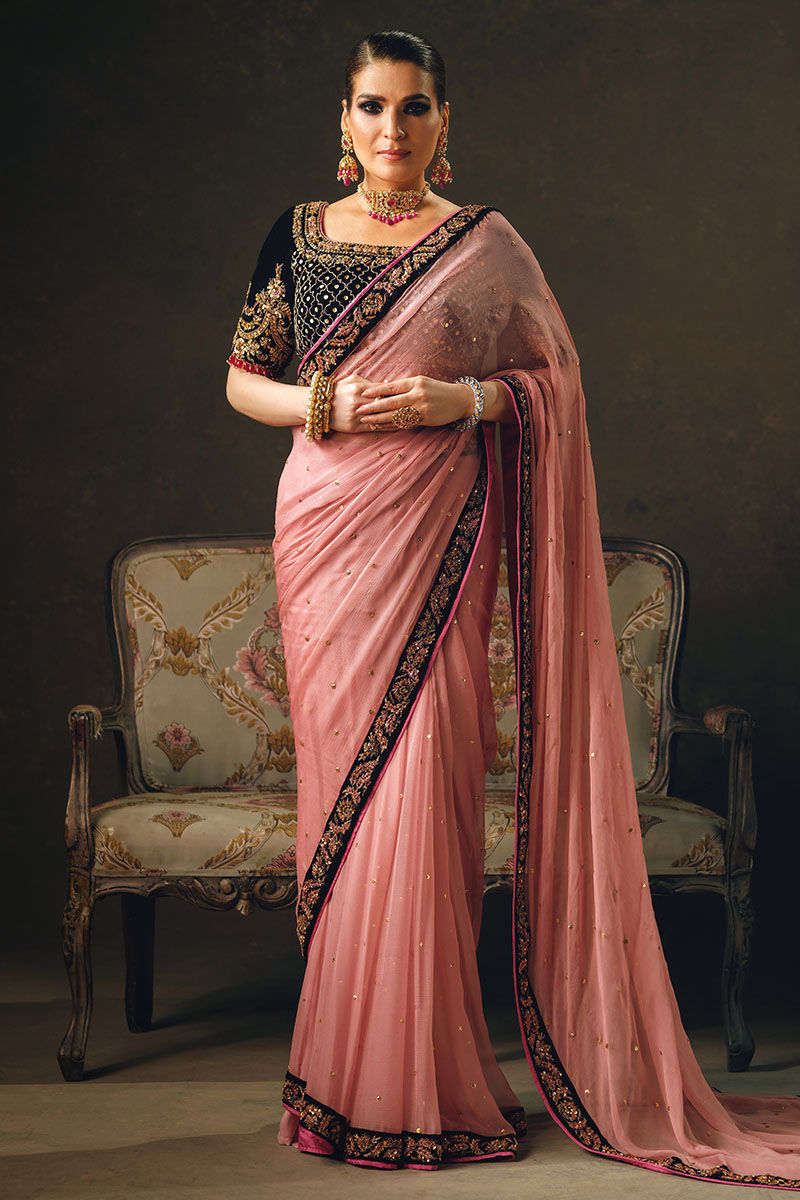 Pink Embroidered Chiffon Sari with Velvet Blouse (2-Piece) - Image 1