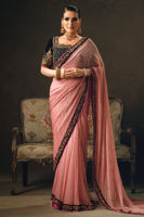Pink Embroidered Chiffon Sari with Velvet Blouse (2-Piece) - Image 2