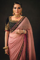 Pink Embroidered Chiffon Sari with Velvet Blouse (2-Piece) - Image 3