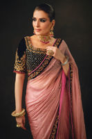 Pink Embroidered Chiffon Sari with Velvet Blouse (2-Piece) - Image 4
