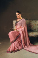 Pink Embroidered Chiffon Sari with Velvet Blouse (2-Piece) - Image 5