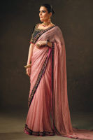 Pink Embroidered Chiffon Sari with Velvet Blouse (2-Piece) - Image 6