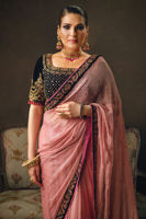 Pink Embroidered Chiffon Sari with Velvet Blouse (2-Piece) - Image 7