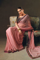 Pink Embroidered Chiffon Sari with Velvet Blouse (2-Piece) - Image 8