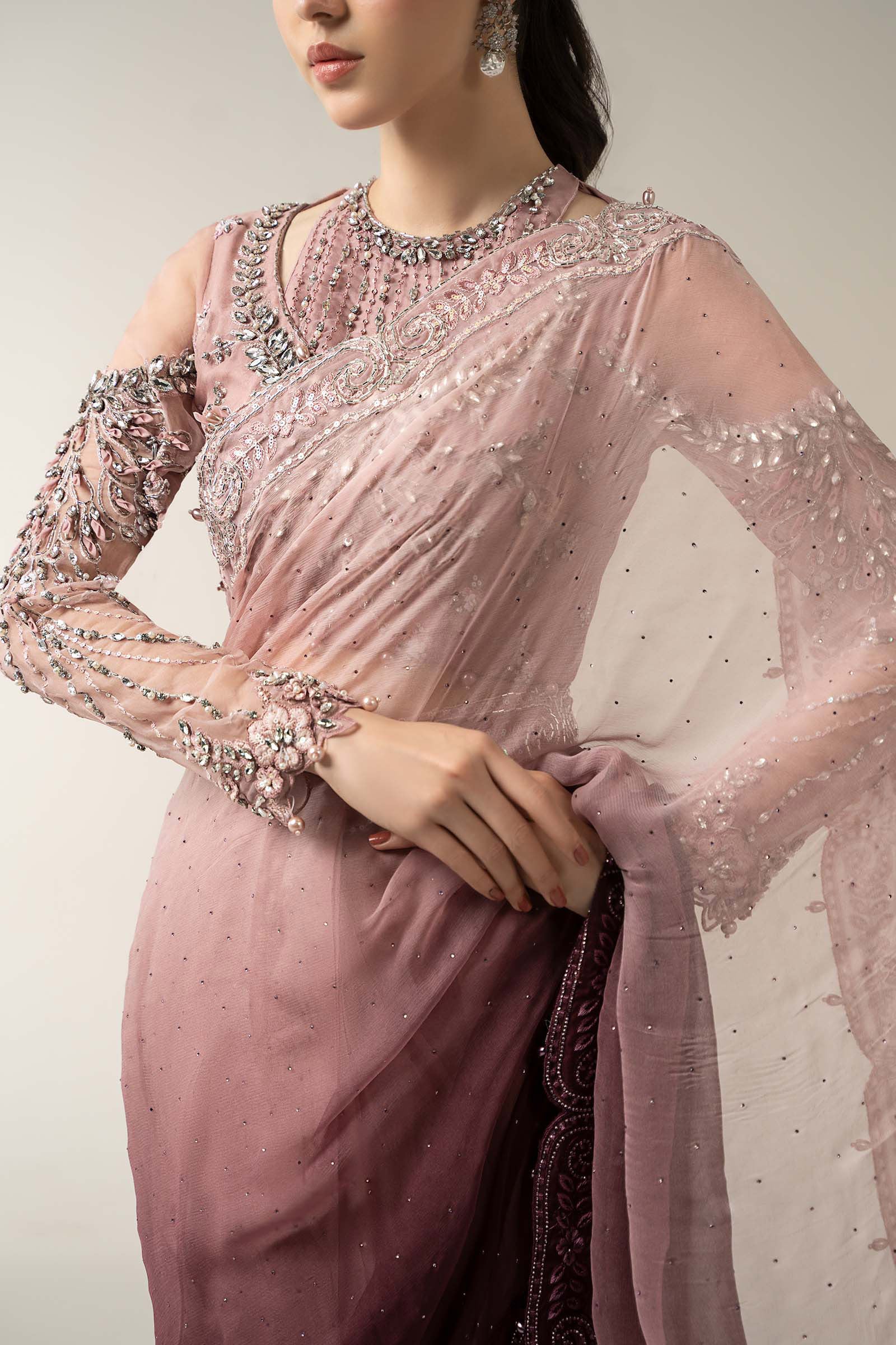 Pakistani Tea Pink Hand-Embellished Chiffon Saree (2-Piece) - Image 6