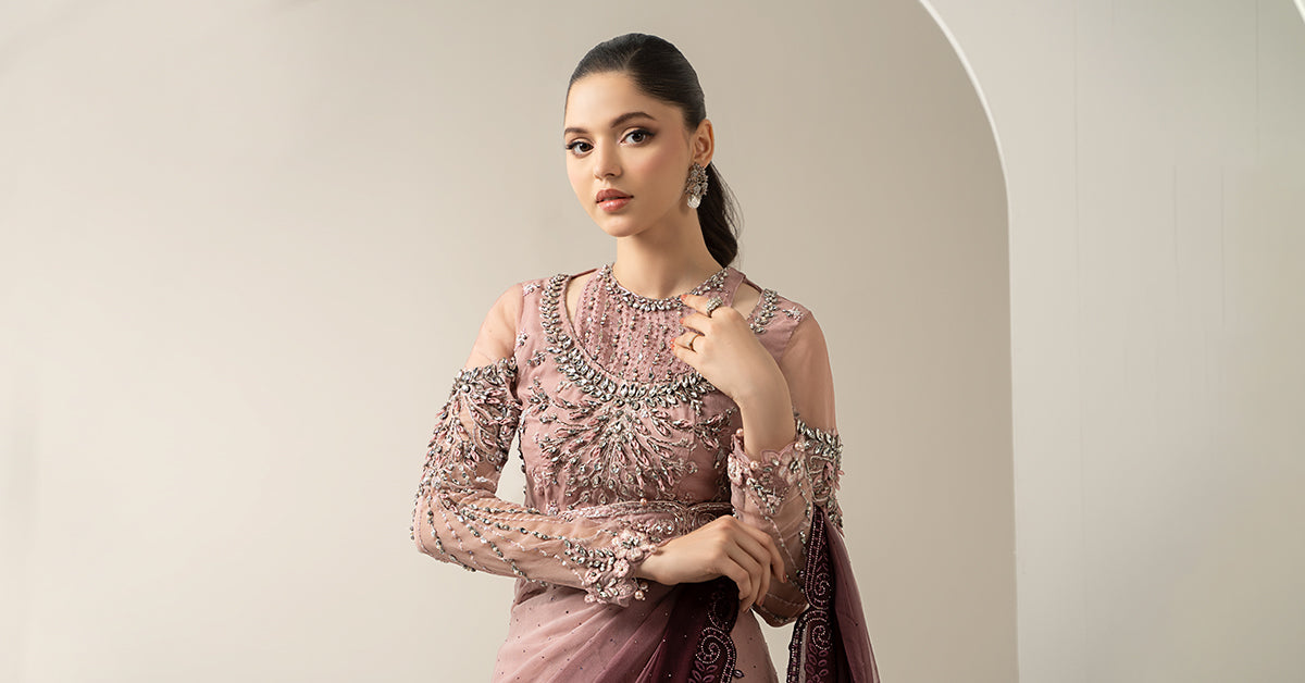 Pakistani Tea Pink Hand-Embellished Chiffon Saree (2-Piece) - Image 9
