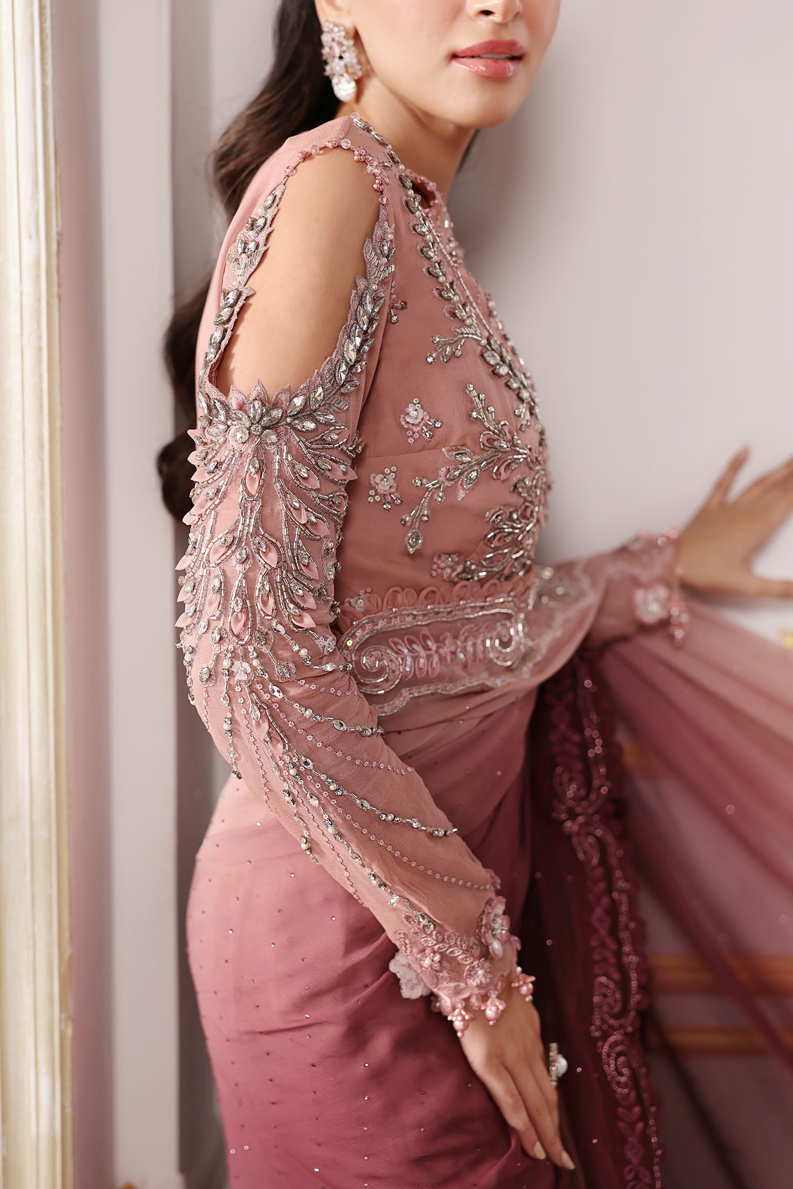 Ash Pink Ombre Embroidered Chiffon Saree (3-Piece) - Image 11