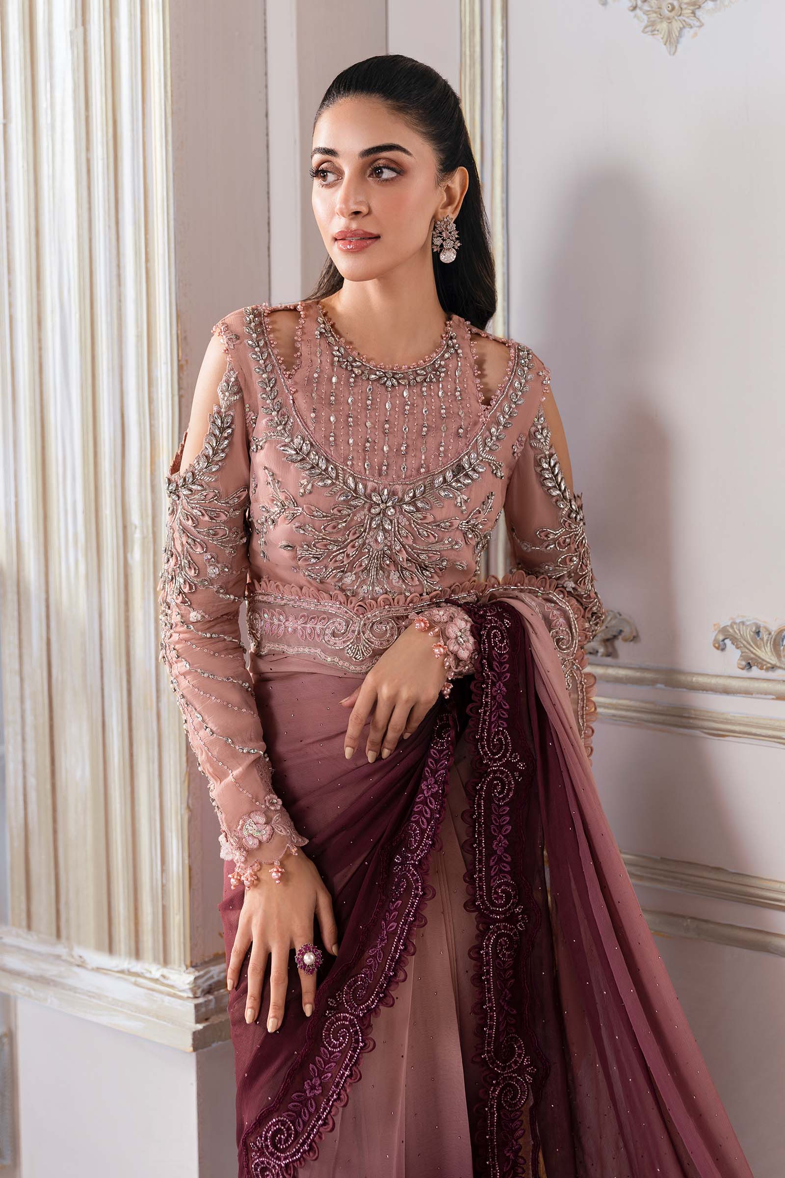 Ash Pink Ombre Embroidered Chiffon Saree (3-Piece) - Image 3