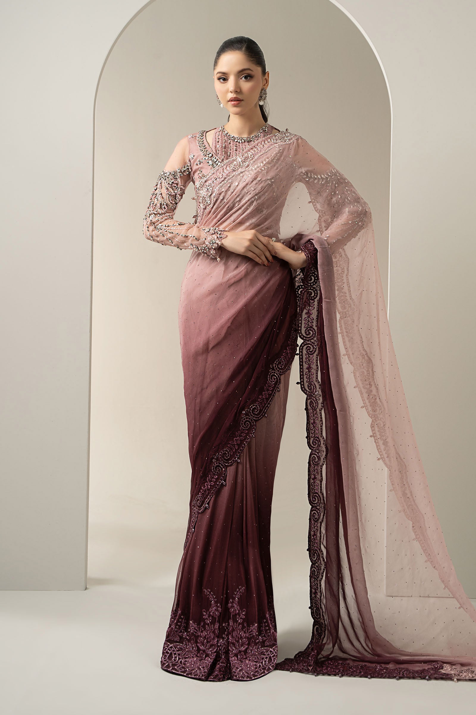 Tea Pink Hand-Embellished Chiffon Saree (3-Piece) - Image 1